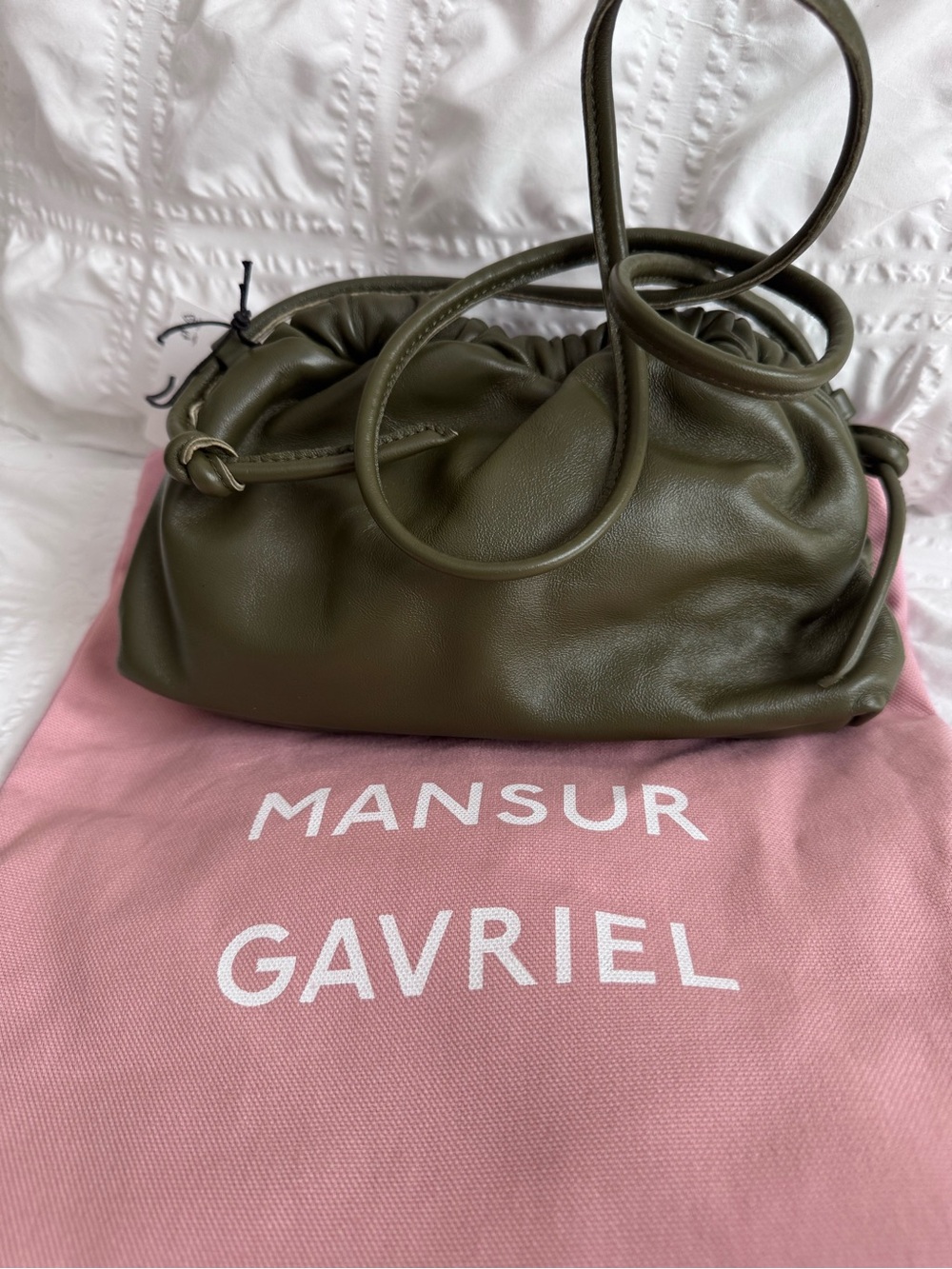 NWT Mansur Gavriel Olive Green Leather Mini Cloud Clutch/Crossbody Bag